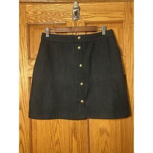 LOFT Wool Blend Mini Skirt 6 Black Gold Button Front Lined Office Career